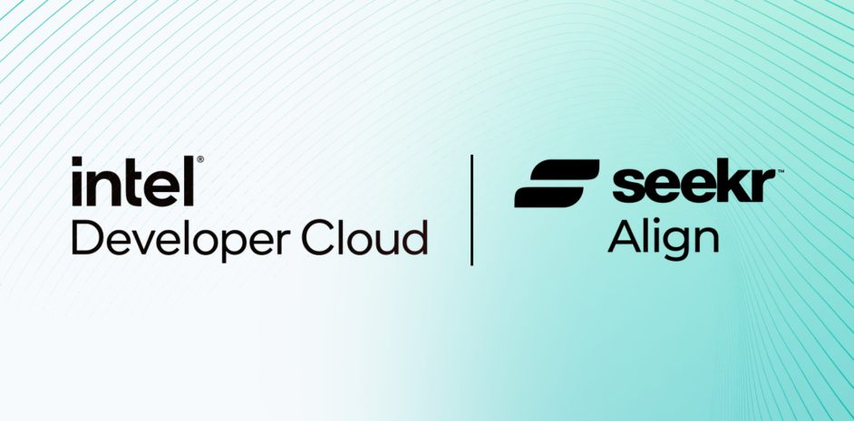graphic of intel Developer Cloud and Seekr Align next to each other resembling a partnership both logos on top of a gradient green and white background