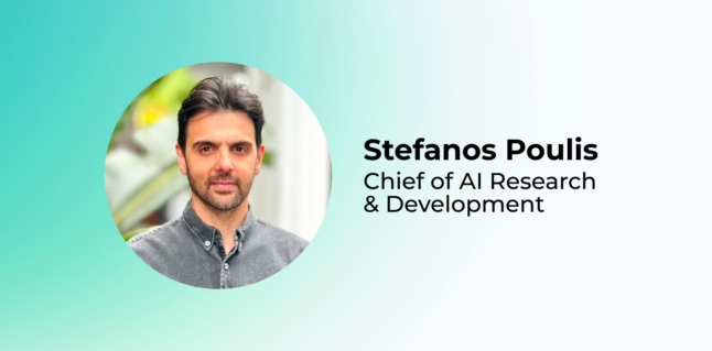 hero graphic of Stefanos Poulis the chief of ai research and development with a faded green background
